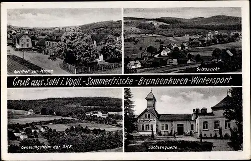 Ak Sohl im Vogtland, Gasthof zur Krone, Ortsansicht, Genesungsheimder OKK, Sachsenquelle