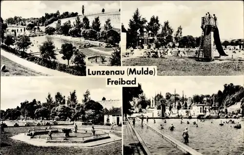 Ak Lunzenau in Sachsen, Freibad, Schwimmbecken, Gesamtansicht, Sprungturm