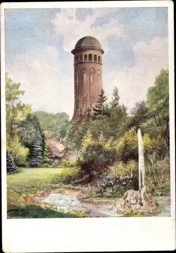 Künstler Ak Burgstädt in Sachsen, Taurasteinturm, Springbrunnen