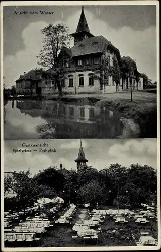 Ak Ernsee Gera in Thüringen, Waldschlösschen, Wasser u. Gartenansicht, Spielwiese, Parkplatz