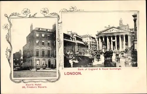 Passepartout Ak London City England, Bank of England and Royal Exchange, Klein's Hotel