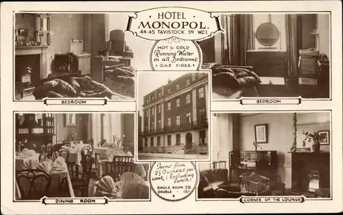 Ak London City England, Hotel Monopol, 44-45 Tavistock, Bedroom, Dining Room