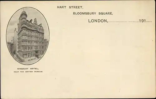 Ak London City England, Kingsley Hotel, Near the British Museum