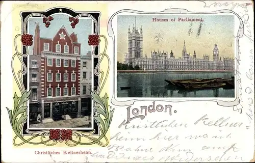 Jugendstil Passepartout Ak London City England, Houses of Parliament, Christliches Kellnerheim