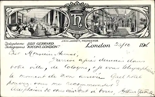 Wappen Ak London City England, Howard Hotel, J. W. M. Jarrett, Proprietor