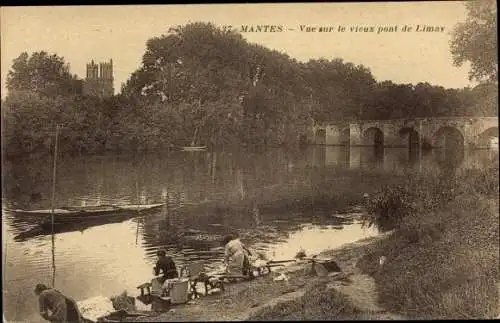 Ak Mantes Yvelines, Vue sur le vieux pont de Limay