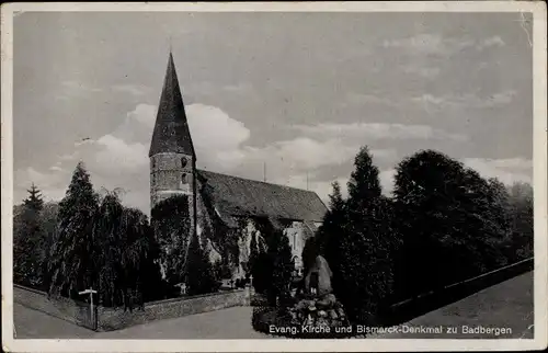 Ak Badbergen im Artland, Evangelische Kirche, Bismarckdenkmal