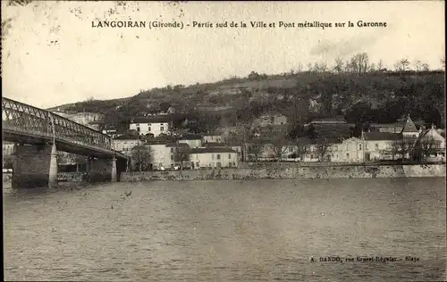 Ak Langoiran Gironde, Partie sud de la Ville et Pont métallique sur la Garonne