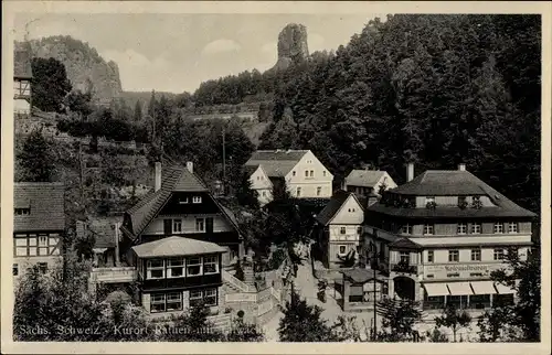 Ak Rathen an der Elbe Sächsische Schweiz, Teilansicht mit Talwächter, Kolonialwarenladen