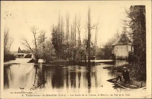 Ak Tournon Saint Martin Indre, Les bords de la Creuse, le Moulin, les Iles et le Pont