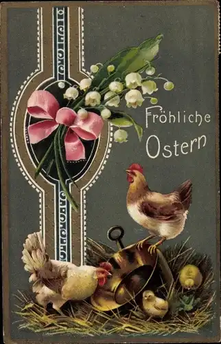 Litho Glückwunsch Ostern, Küken, Hühner, Maiglöckchen