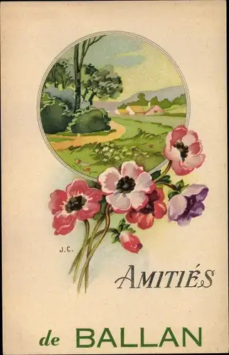 Künstler Ak Ballan Indre et Loire, Fleurs, Vue du paysage