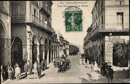 Ak Philippeville Skikda Algerien, Rue Nationale et la Mairie