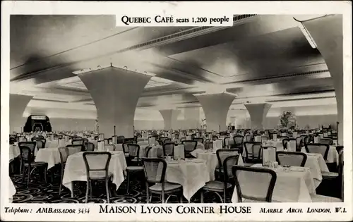 Ak London City England, Maison Lyons Corner House, Quebec Cafe