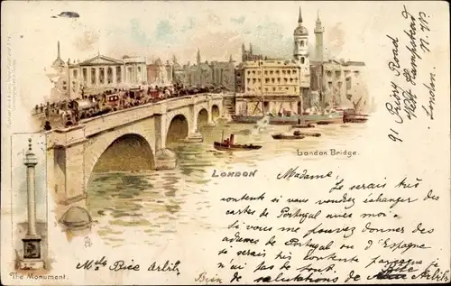 Künstler Litho London City England, The Monument, London Bridge