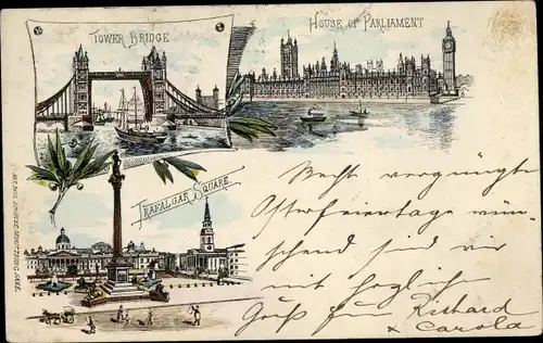 Litho London City England, Tower Bridge, House of Parliament, Trafalgar Square