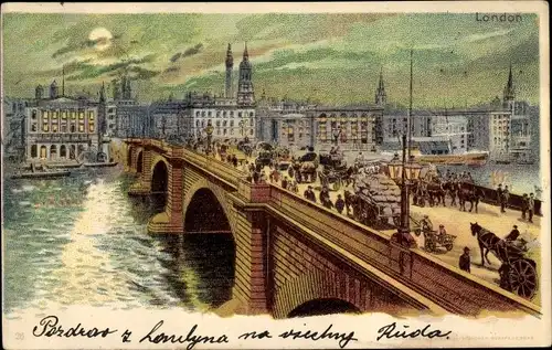 Mondschein Litho London City England, London Bridge