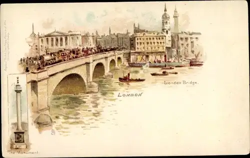 Künstler Litho London City England, London Bridge, The Monument