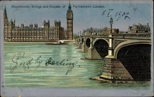 Litho London City England, Westminster Bridge, Houses of Parliament