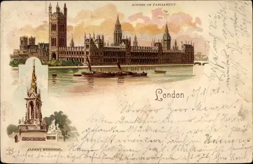 Litho London City England, Albert Memorial, Houses of Parliament