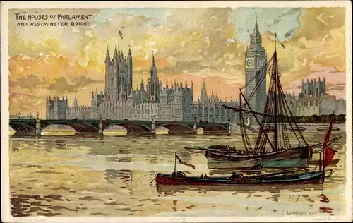 Künstler Litho London City England, The Houses of Parliament, Westminster Bridge