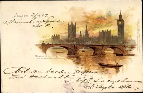 Künstler Litho London City England, Houses of Parliament, Westminster Bridge