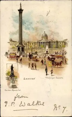 Künstler Litho London City England, Trafalgar Square, Gordon Memorial