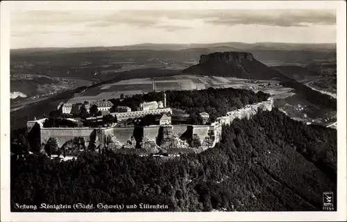 Ak Königstein an der Elbe Sächsische Schweiz, Festung und Lilienstein, Klinke Fliegeraufnahme 11159