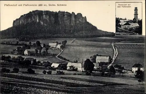 Ak Pfaffendorf Königstein an der Elbe Sächsische Schweiz, Totale mit dem Pfaffenstein, Restaurant