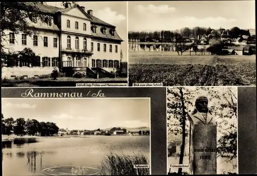 Ak Rammenau Sachsen, Schloss, Fichte und Heimatmuseum, Fichte Denkmal, Teichansicht