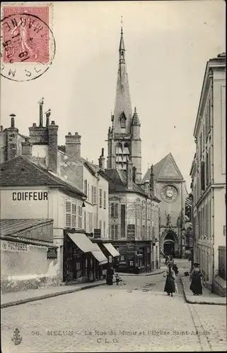 Ak Melun Seine et Marne, La Rue du Miroir et l'Eglise Saint Aspais