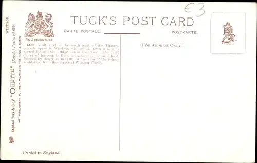Ak Eton South East England, Eton from the Terrace, Windsor Castle, Tuck 6164