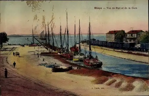 Ak Blaye Gironde, Vue du Port et de la Gare