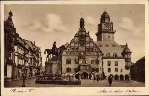 Ak Plauen im Vogtland, Altes und neues Rathaus, König Albert Denkmal