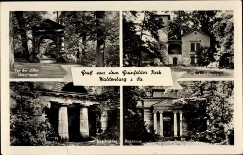 Ak Waldenburg in Sachsen, Aus dem Grünfelder Park, Parkschlößchen, Badehaus, Hirschtränke, Tor