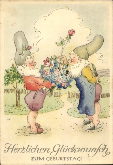Ak Glückwunsch Geburtstag, Zwerg mit Blumenstrauß, Geschenk für