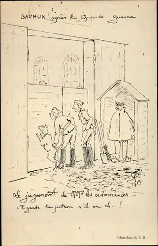 Ak Saumur Maine et Loire, Soldaten und Hund halten Wache und lauschen