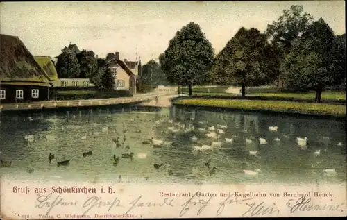 Ak Schönkirchen Kreis Plön Schleswig Holstein, Restaurant, Garten und Kegelbahn von Bernhard Heuck