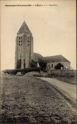 Ak Moncourt Fromonville Seine et Marne, L'Eglise et le Cimentiere