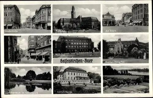 Ak Buer Gelsenkirchen im Ruhrgebiet, Hochstraße, Rathaus, Am Stern, Postamt, Marienhospital, Schloss