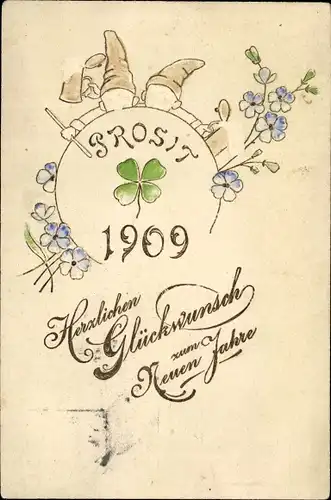 Präge Litho Glückwunsch Neujahr, Jahreszahl 1909, Zwerge, Kleeblatt