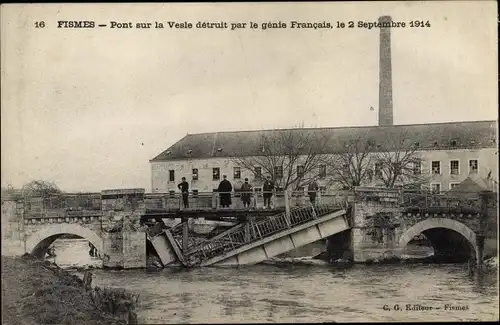 Ak Fismes Marne, Pont sur la Vesle detruit par le genie Francais, 2 Septembre 1914