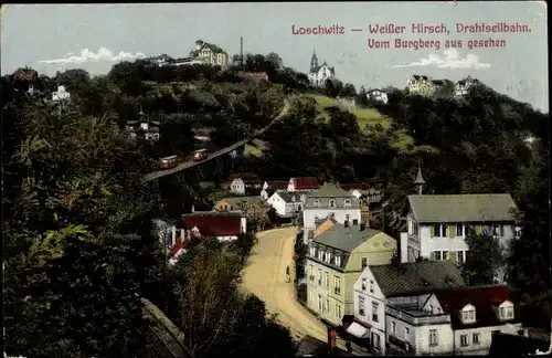 Ak Dresden Loschwitz, Blick vom Burgberg auf Ort und Drahtseilbahn