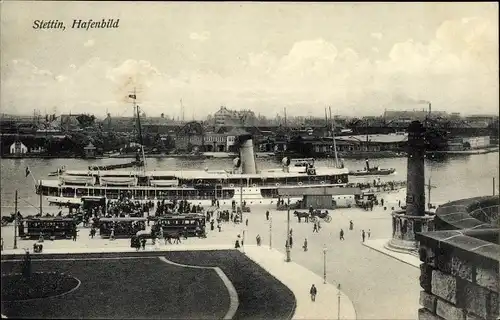 Ak Szczecin Stettin Pommern, Hafenpartie, Salondampfer, Straßenbahn