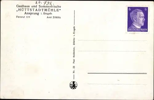 Ak Ansprung Marienberg Sachsen, Gasthaus Hüttstadtmühle
