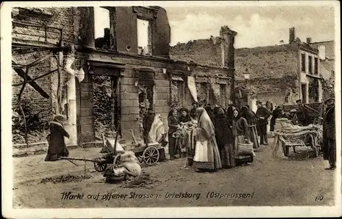 Ak Szczytno Ortelsburg Ostpreußen, Markt auf offener Straße, Ostpreußenhilfe, Kriegszerstörungen