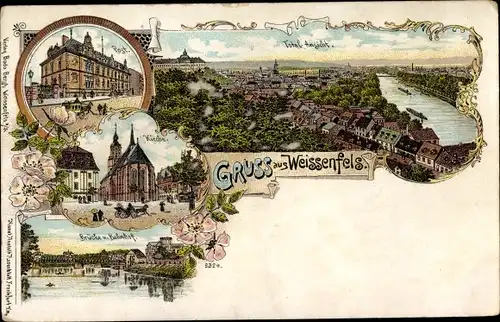 Litho Weißenfels an der Saale, Gesamtansicht, Post, Kirche, Brücke, Bahnhof