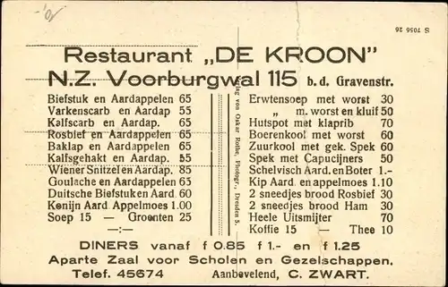 Ak Amsterdam Nordholland Niederlande, Gasthof Kalkreuth, Restaurant de Kroon