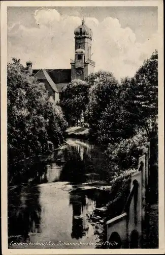 Ak Crimmitschau in Sachsen, Johanniskirche mit Pleiße