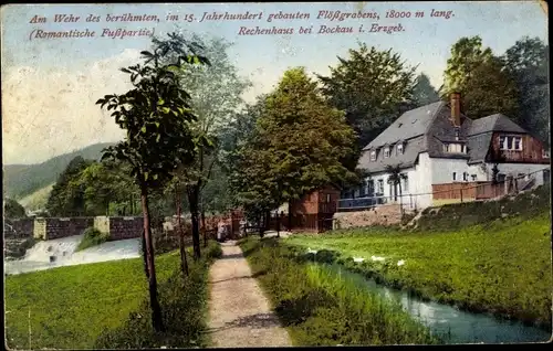 Ak Rechenberg Bienenmühle Erzgebirge, Rechenhaus, Am Wehr des Flößgrabens, Flusspartie